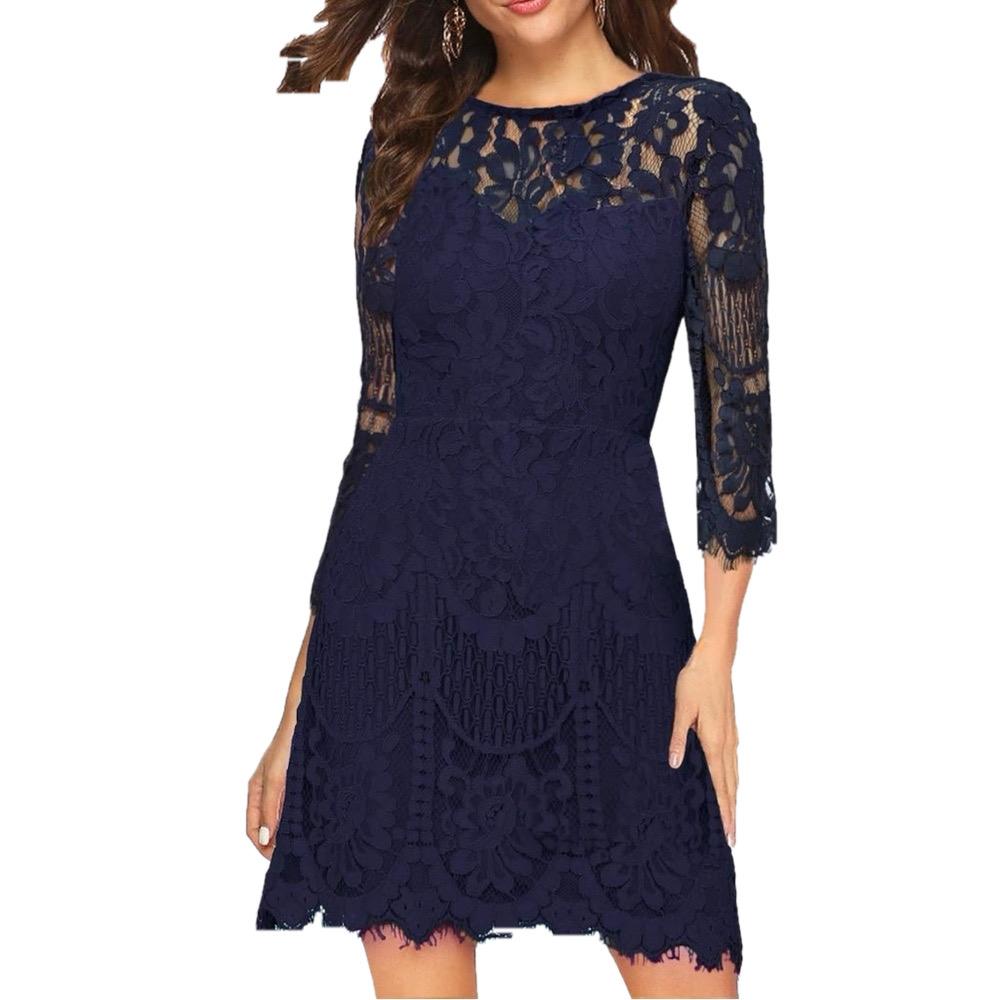 MSLG Women's Neck V-Back Floral Lace Cocktail Party A Line Dress -NWOT
